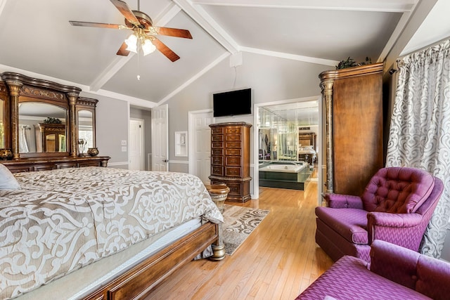 bedroom with vaulted ceiling with beams, ceiling fan, and light wood-type flooring