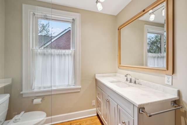 bathroom with vanity, hardwood / wood-style floors, and toilet