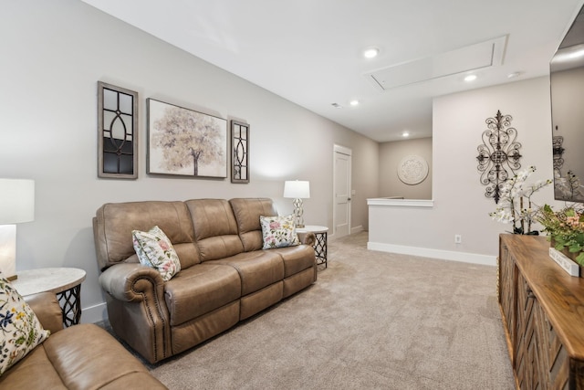 living room with light colored carpet