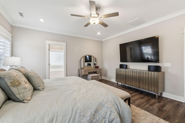 bedroom with dark wood-type flooring, ceiling fan, and ornamental molding