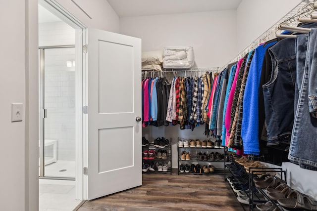 walk in closet with wood-type flooring