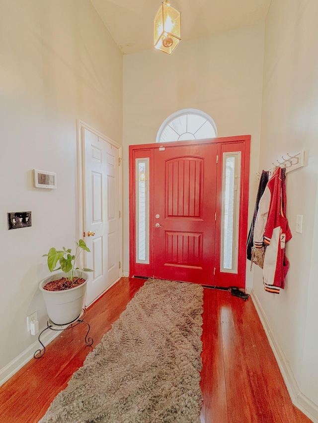 foyer entrance featuring hardwood / wood-style floors and a towering ceiling