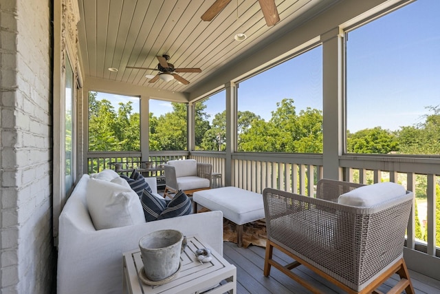 sunroom / solarium featuring wooden ceiling and ceiling fan