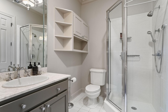 bathroom featuring an enclosed shower, vanity, tile patterned floors, and toilet