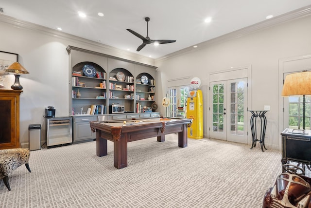 playroom featuring ornamental molding, light carpet, pool table, and french doors