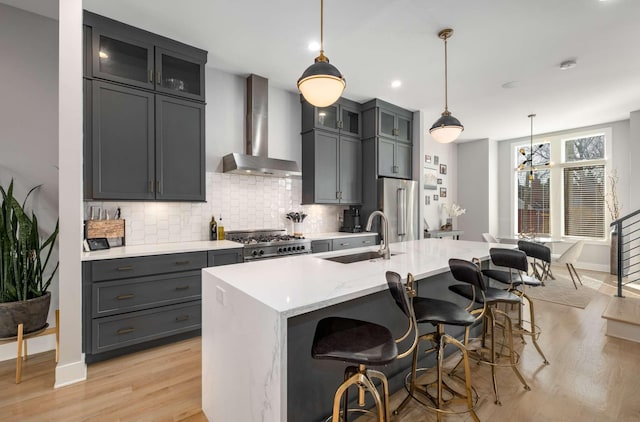 kitchen with a center island with sink, decorative backsplash, premium appliances, wall chimney exhaust hood, and a sink