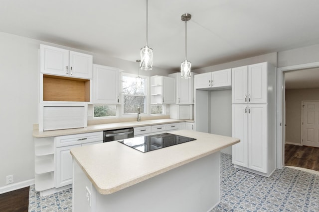 kitchen with sink, white cabinetry, dishwasher, a kitchen island, and black electric stovetop