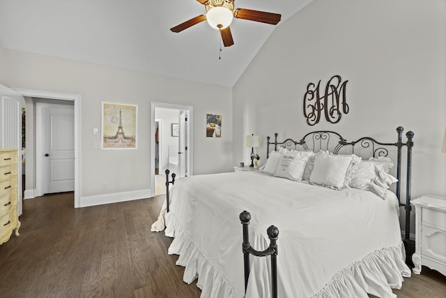 bedroom featuring vaulted ceiling, dark wood-type flooring, and ceiling fan