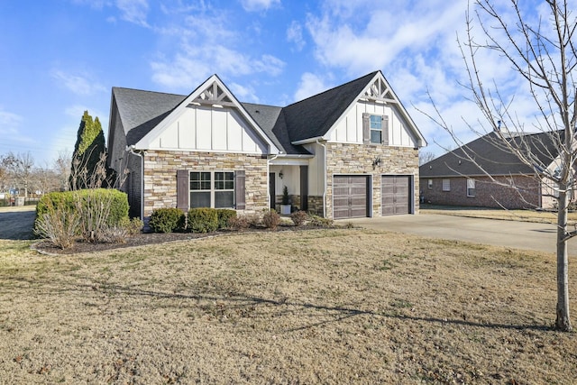 view of front of house with cooling unit, a garage, and a front lawn