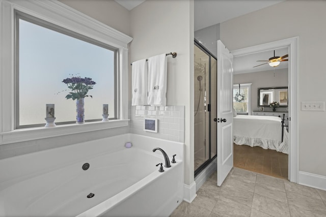 bathroom featuring shower with separate bathtub, tile patterned floors, and ceiling fan