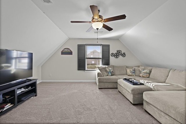 carpeted living room featuring lofted ceiling and ceiling fan