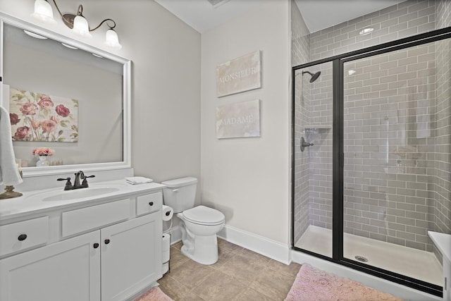 bathroom featuring vanity, toilet, a shower with shower door, and tile patterned flooring