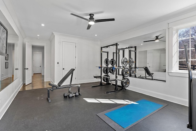 exercise room with ornamental molding and ceiling fan