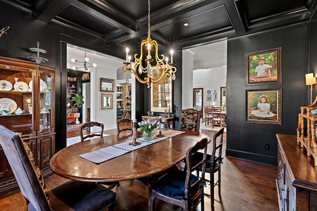 dining area with coffered ceiling, crown molding, dark hardwood / wood-style floors, and beam ceiling