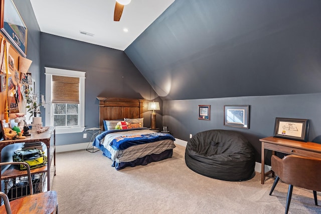 bedroom featuring lofted ceiling, ceiling fan, and carpet flooring