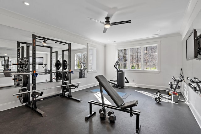 exercise room featuring crown molding and ceiling fan