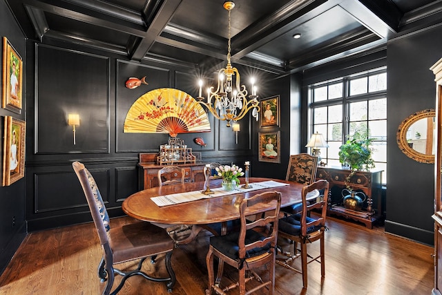 dining space featuring dark hardwood / wood-style flooring, crown molding, coffered ceiling, and beamed ceiling