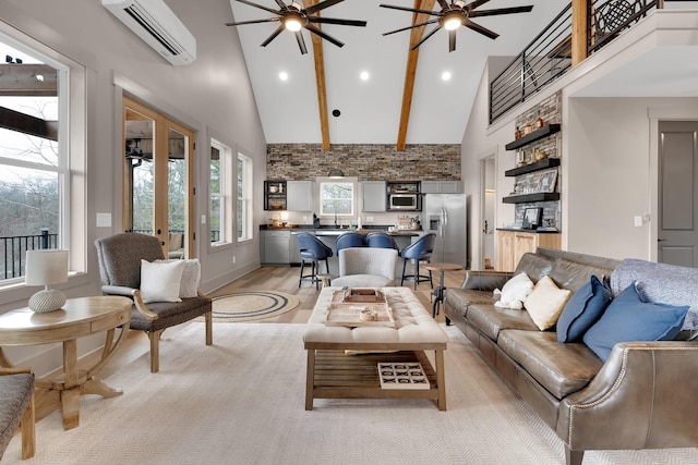 living room featuring ceiling fan, beamed ceiling, high vaulted ceiling, and a wall mounted AC