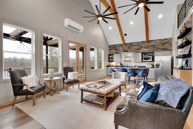 living room with an AC wall unit, high vaulted ceiling, beamed ceiling, ceiling fan, and light wood-type flooring