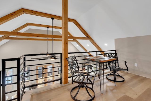 bonus room with lofted ceiling with beams, ceiling fan, and light hardwood / wood-style floors