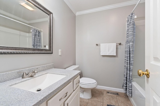 full bathroom featuring vanity, ornamental molding, shower / bath combination with curtain, tile patterned floors, and toilet