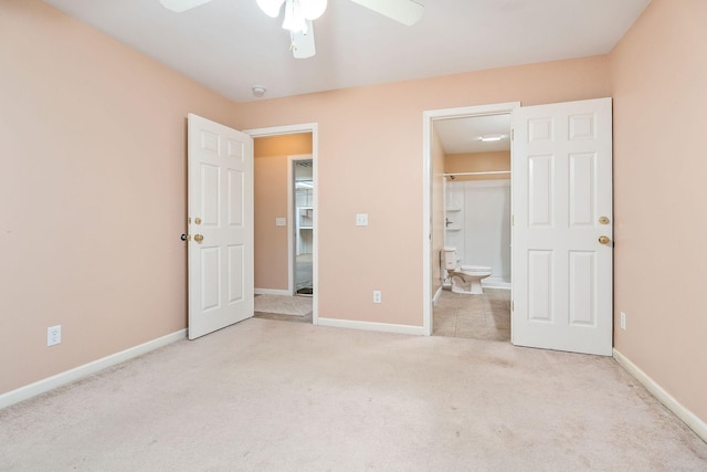 unfurnished bedroom with light colored carpet and ceiling fan