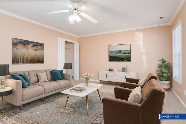 carpeted living room featuring ceiling fan and ornamental molding