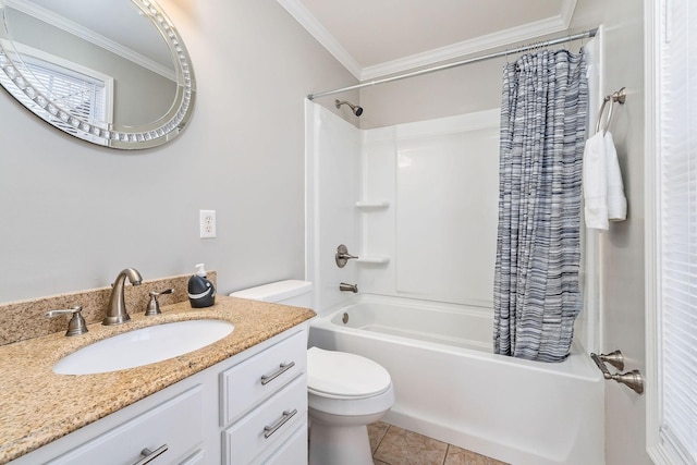 full bathroom featuring vanity, ornamental molding, shower / bath combination with curtain, tile patterned floors, and toilet