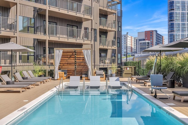 view of swimming pool with a patio