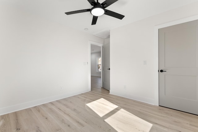 unfurnished bedroom with light hardwood / wood-style flooring and ceiling fan