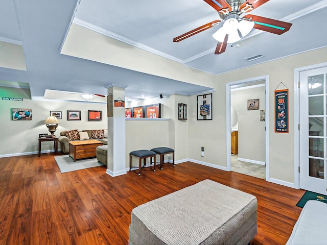 living room with hardwood / wood-style floors and ceiling fan