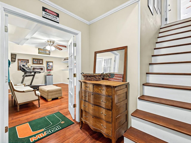 interior space featuring crown molding, hardwood / wood-style flooring, and ceiling fan