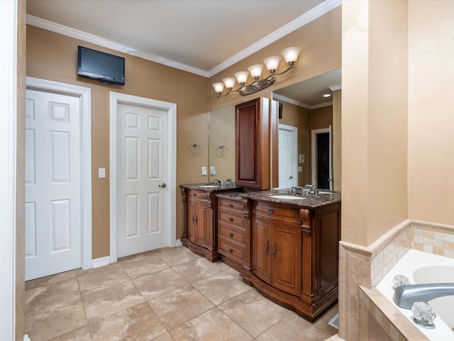 bathroom with a relaxing tiled tub, ornamental molding, tile patterned flooring, and vanity