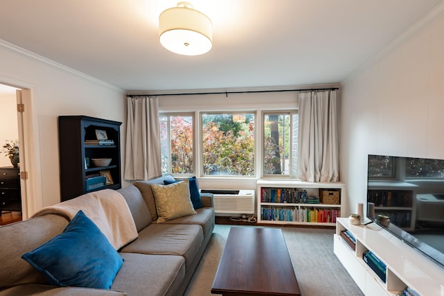 living room featuring crown molding, a wealth of natural light, and a wall unit AC