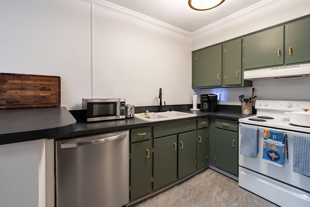 kitchen featuring ornamental molding, stainless steel appliances, sink, and green cabinetry