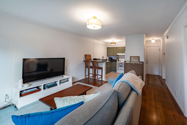 living room featuring crown molding and dark hardwood / wood-style floors