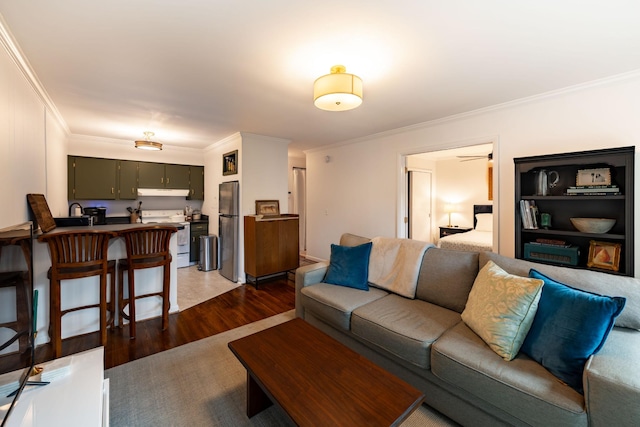 living room featuring dark wood-type flooring and ornamental molding