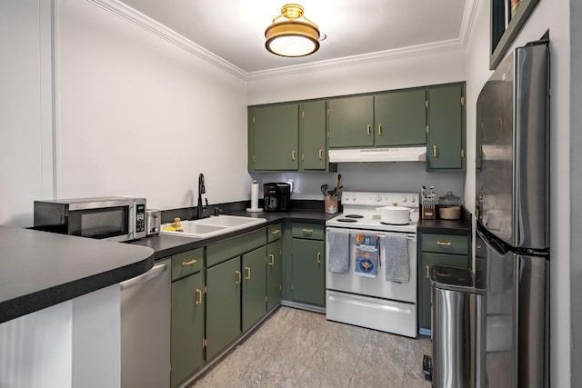 kitchen featuring crown molding, green cabinetry, appliances with stainless steel finishes, and sink