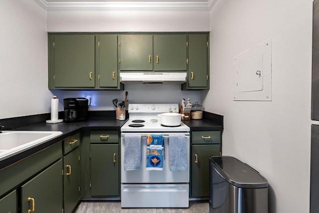 kitchen featuring sink, electric panel, green cabinets, and electric range