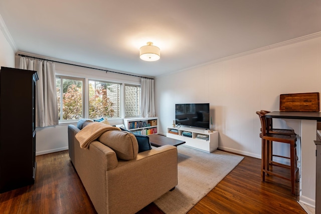 living room featuring ornamental molding and dark hardwood / wood-style floors