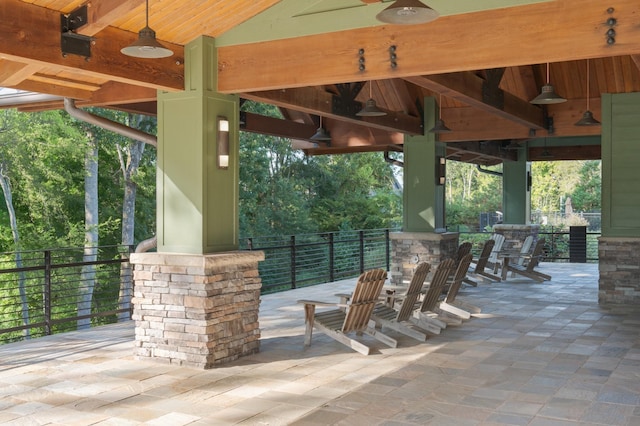 view of patio / terrace featuring a gazebo and ceiling fan