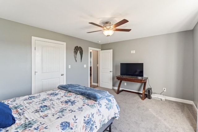 bedroom with light colored carpet and ceiling fan