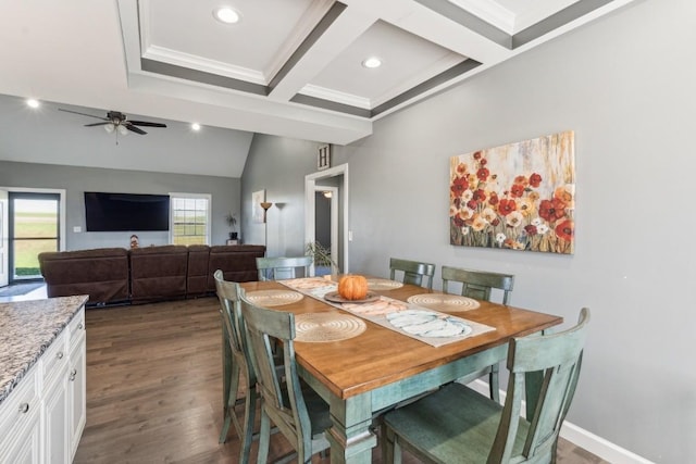 dining space featuring coffered ceiling, ornamental molding, dark hardwood / wood-style flooring, beamed ceiling, and ceiling fan