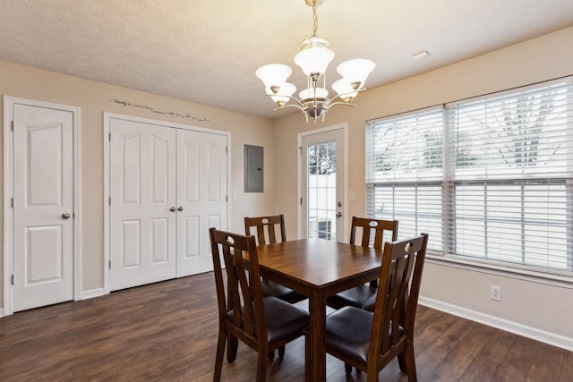 dining area featuring dark wood-style floors, electric panel, and baseboards