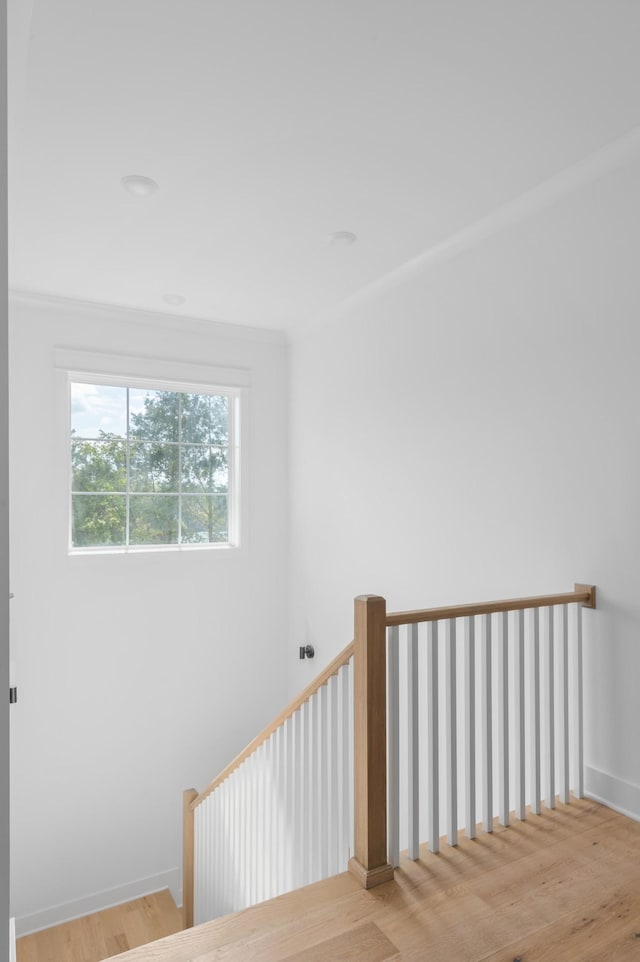 stairs with crown molding and hardwood / wood-style floors