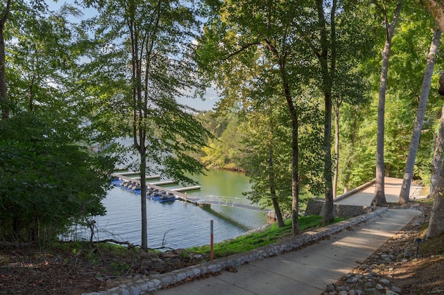 view of water feature with a boat dock