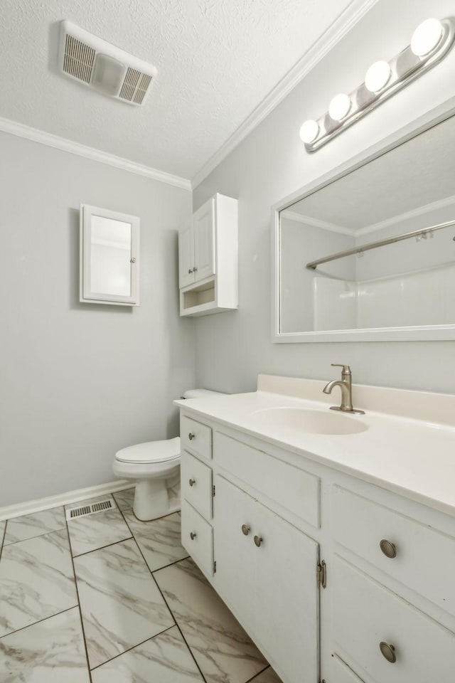 bathroom with walk in shower, toilet, crown molding, a textured ceiling, and vanity