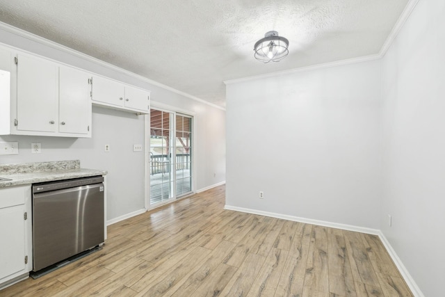 kitchen with white cabinets, light hardwood / wood-style flooring, ornamental molding, and dishwasher