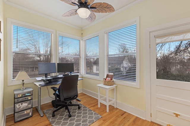 home office featuring a healthy amount of sunlight, ornamental molding, and light hardwood / wood-style flooring