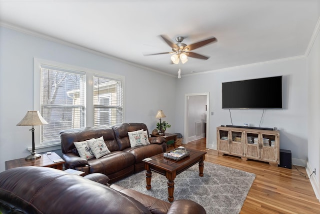 living room with crown molding, ceiling fan, and light wood-type flooring